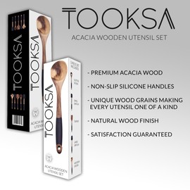 TOOKSA- Premium 5 Piece Acacia Multi-Toned Light and Dark Wooden Spoon, Turner and Spatula Utensil Set with Silicone, Rubber, Non-Slip Handles (Black)