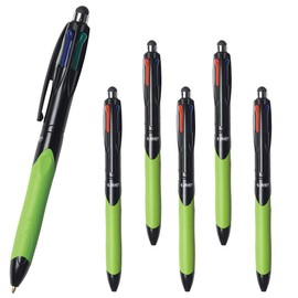 6 x BIC 4-Colour Retractable Ballpoint Pens with Ergonomic Grip & Stylus, 0.4mm Nib, Black, Blue, Red & Green Ink Colours (OEM Packed - Non-Retail Packaging)