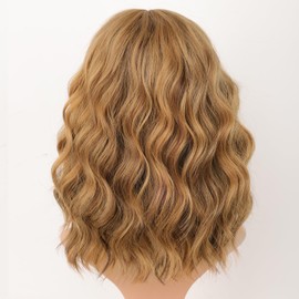 AISI HAIR Synthetic Wavy Curly Bob Wig with Bangs Highlight Honey Blonde Wig Short Bob Wavy Hair Wigs for Women Synthetic Heat Resistant Bob Wigs