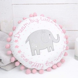 "Dream Big Little One" Elephant Round Cushion with pom pom Baby Girl Pink