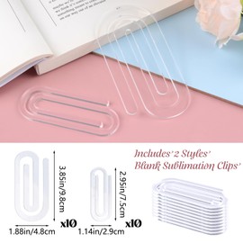 URROMA 20Pcs Sublimation Paper Clips, Acrylic Sublimation Blanks Clear Heat Transfer Bookmarks Jumbo Paperclips for Teacher Office Home Crafts Supplies（2 Styles