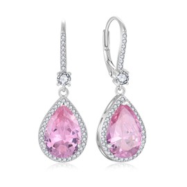 FYNSBLE Dangle Drop Earrings for Women,Sterling Silver Earrings Pink CZ Birthstone Earrings Solitaire Teardrop Earrings Hypoallergenic Leverback Earrings Gemstone Jewelry for Women Her