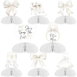 Fangleland 8Pcs White Bow Bachelorette Honeycomb Centerpieces, She's Tying The Knot Bridal Shower Decorations Coquette Theme Table Toppers for Engagement Decor Supplies
