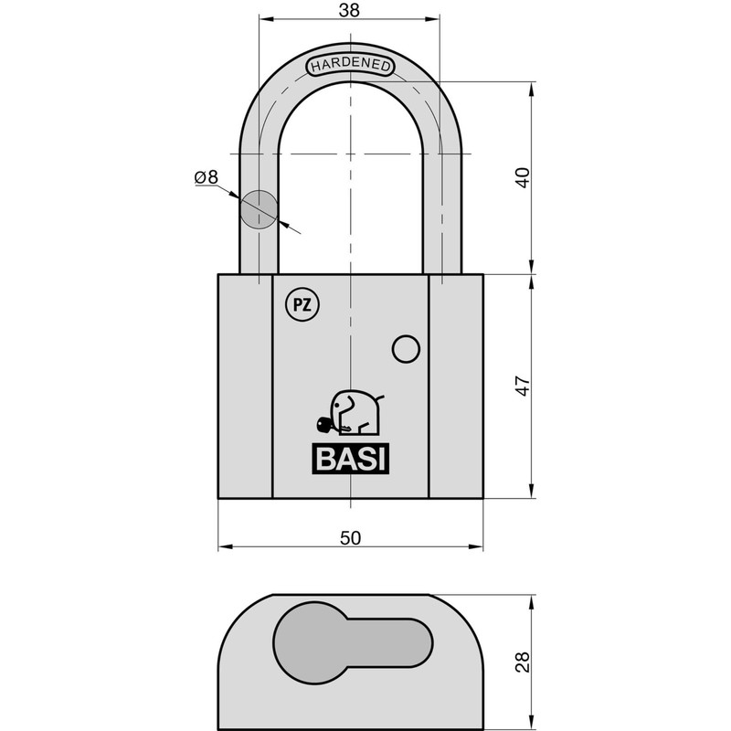 BASI Brass padlock, padlock body without lock cylinder, interchangeable profile