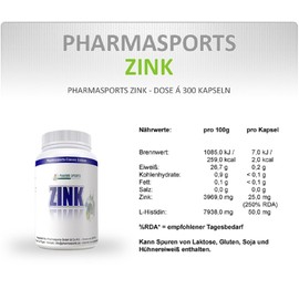 Pharma Sports Zinc L-Histidin Complex 300 Capsules German Premium Quality Zinc Imperfection Prevention and symptoms Fighting with Zinc and Histidin | Immune System to Strengthen, Skin Repair