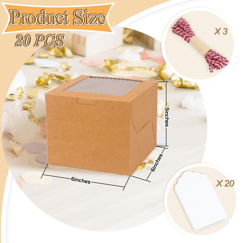 DOYIDE 20Pcs Mini Cake Boxes with Window, 6x6x5 Inches Brown