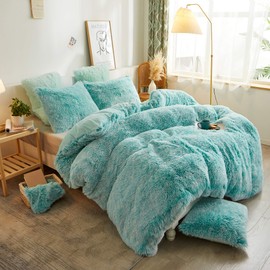 XeGe Plush Shaggy Duvet Cover, Luxury Ultra Soft Crystal Velvet Fuzzy Bedding 1PC(1 Faux Fur Duvet Cover), Fluffy Furry Comforter Cover with Zipper Closure(Queen, Aqua Ombre)