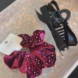 Velvet Hair Scrunchies Set, Burgundy with Rhinestones, Black Bow Hair Clips, 2 Piece Hair Accessories