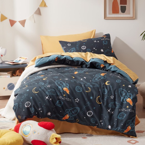 Sonive Duvet Cover Set for Babies Cot Toddler 100x135cm+40x60cm Microfibre Bedding Set Rockets Clouds Moon Stars Earth, Space rocket, 1 Duvet Cover and 1 Baby Pillow Sham