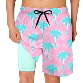 Cozople Big Boys Quick Dry UPF50+ Beach Swim Trunks with Stretchy Boxer Brief Liner Swimming Shorts Novelty Blue Palm Tree Graphic Lightweight Swimwear Bathing Suit Size 10-12