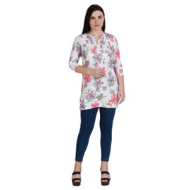 Ladyline Womens Rayon Printed Short Tunic Top Shirt Stand Collar Pintucks Button Kurti kurta Blouse (RPK NJSW490) (44/White-Pink)