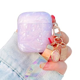 PHOEACC Cute Airpod 1 & 2 Case with Glitter Shell Pearl Keychain Dream Luxury Marble Hard TPU Protective Cover Compatible with AirPods 2nd 1st Generation Case for Girls Teens Women (Purple)