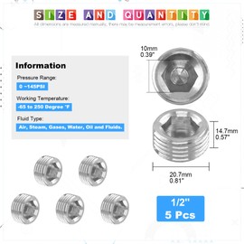 Glarks 5Pcs 304 Stainless Steel 1/2'' NPT Male Pipe Plug Fitting Assortment Set Internal Hex Thread Socket Pipe Plug Kit