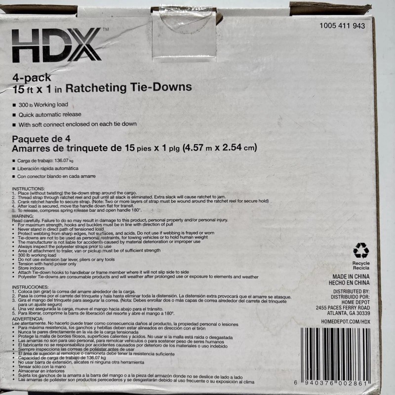 HDX 4-pack, 15 ft x 1in Ratcheting Tie-Downs, Brand New