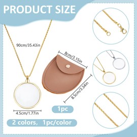 DELORIGIN 2pcs 5X Magnifier Monocle Lens Necklace Pocket Magnifying Glass with Leather Bag Loupe Pendant with 2 Colors Chain Magnifying Glass Magnifier Art Craft for Reading Dome Keepsake