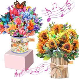 2 Pack Musical Birthday Flower Pop Up Cards, 3D Bday Cards with Light and Music, Sunflower Bouquet Cards Happy Birthday Gifts Card for her, Daughter, Mom, Women, Wife, Sister