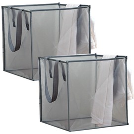 2 Pack Popup Laundry Hamper, Collapsible Mesh Laundry Baskets with Handles, Foldable Clothes Storage Hamper, Easy to Open, Portable for Laundry Storage, Kids Toy, Bathroom, Dorm or Travel, Grey