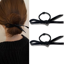 Natunofu Hair Rubber Black Hair Elastic Hair Ornament, Ribbon, PU, Non-Tracing Hair Elastic, Adult, Fashionable, Cute Ribbon Rubber, Ribbon, Rubber, Restored, Set of 2, Bowknot Hair Ornament, High