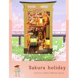Flever Dollhouse DIY Book Nook Miniature Kit, DIY Booknook Bookshelf Insert Decor, 3D Wooden Puzzle Booknook Miniature Kit for Creative Assembled Bookends (Sakura Holiday)