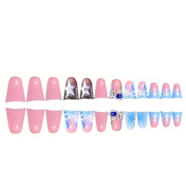 24Pcs Blue French Press on Nails Short Duck Fake Nails Nude Nails Press ons with 3D Water Drop Star Rhinestones Designs Glossy False Nails Full Cover Acrylic Nails Cute Glue on Nails for Women