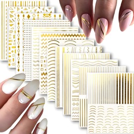 12 Sheets Gold Line Nail Art Stickers 3D Self Adhesive Gold Nail Stickers for Nail Art Gold French Nail Decals Gold Stripe Wave Nail Design Decoration Accessories for Women