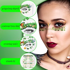 10PCS Saint Patrick's Day Temporary Face Tattoos Sticker St Patrick's Day Green Shamrock Temporary Tattoos Butterfly Makeup Tattoo Stickers Irish Clover Hat Heart Fake Tattoos for Party Supplies