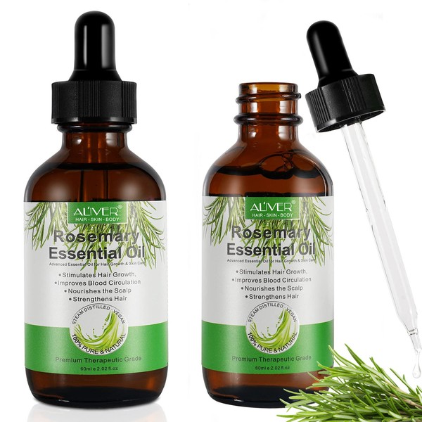 100% Pure Rosemary Essential Oil, Rosemary Oil (2 x 60 ml) for Hair Growth, Hair Loss, Improvement of Scalp, Eyebrows and Eyelash Growth, Aromatherapy and Skin Care