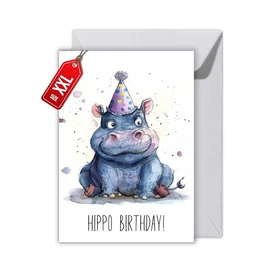 WBdesignz Lustige Geburtstagskarte Nilpferd witzige Karte mit Spruch „Hippo Birthday!“ – originell für Männer, Frauen, Freunde, Freundinnen, Kolleginnen, Kinder (XXL DIN A4)