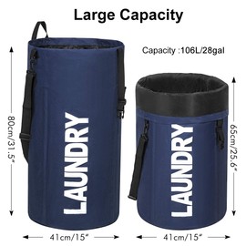 Chrislley 106L Extra Large Laundry Hamper Collapsible Laundry Bag Backpack Tall Waterproof Laundry Basket Standing Foldable Clothes Hamper for Laundry（Dark Blue）