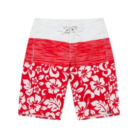 Men's Spandex Hawaiian Beach Board Shorts with Zipped Pocket in Classic Hibiscus Print in Red 32