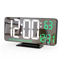KOSUMOSU Desk Clock 6.7in Black Digital Alarm Clock with Dual Alarm, Dimming, Date, Day of Week, Temp, 12h 24h, Digital LED Clock for Table Decor, Digital Calendar Mirror Clocks Essentials