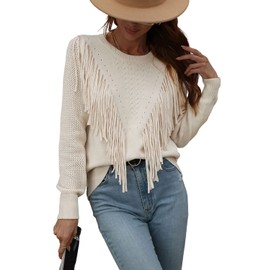 chouyatou Women's Casual Crewneck Fringe Tassel Knitted Pullover Sweater Jumper Tops (Small, Apricot)