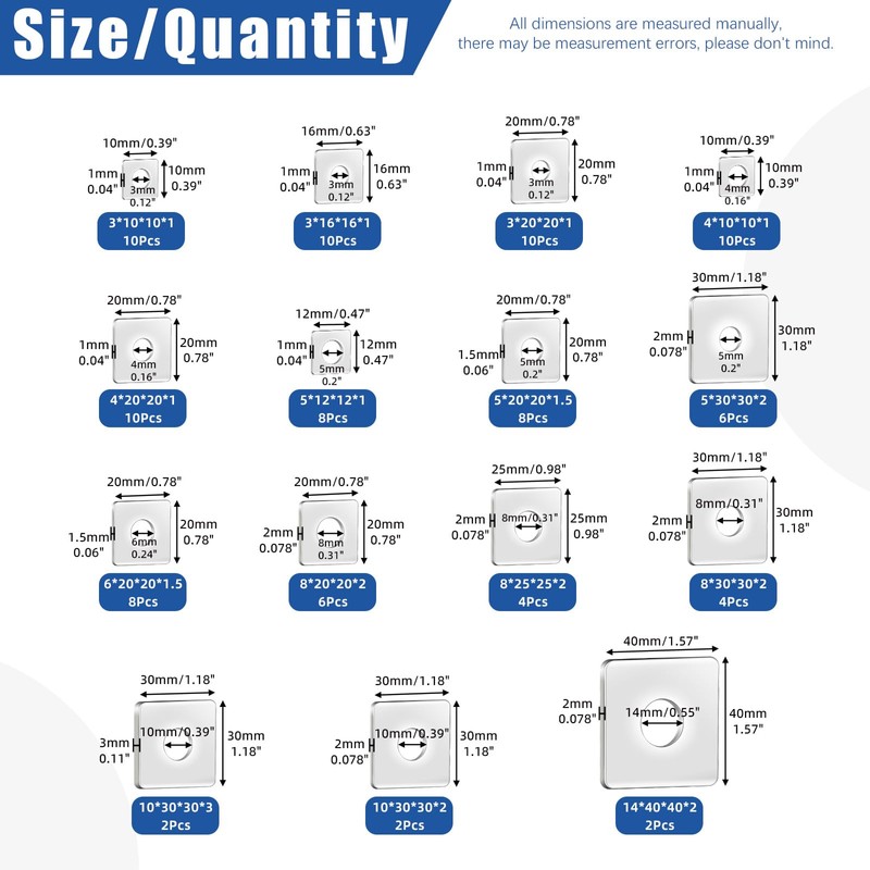 Glarks 100pcs M3 M4 M5 M6 M8 M10 M14 Square