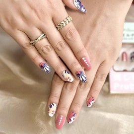 Sun&Beam Nails Medium Short Round Press On Nail with Red Blue 3D Flower Design Cute False Tips 24Pcs (M212)