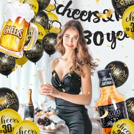 30th Birthday Decorations for Men Women, Happy 30th Birthday Banner for Him with Black and Gold Latex Balloons and Foil Balloons Kit for 30 Year Old Birthday Anniversary Party Decor Supplies