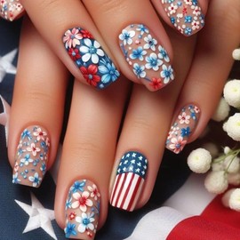 Spring Press on Nails Medium Square Fake Nails with American Flag Pattern Designs Matte Acrylic Nails Colorful Flower Nails Press ons Summer Glue on Nails 4th of July Stick on Nails for Women 24Pcs