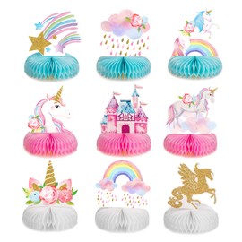 JOZMMZEOOA 9PCS Unicorn Party Decorations Rainbow Honeycomb Centrepieces Happy Birthday Decorations Set Table Topper Colorful Paper for Kids' Birthday Party Supplies