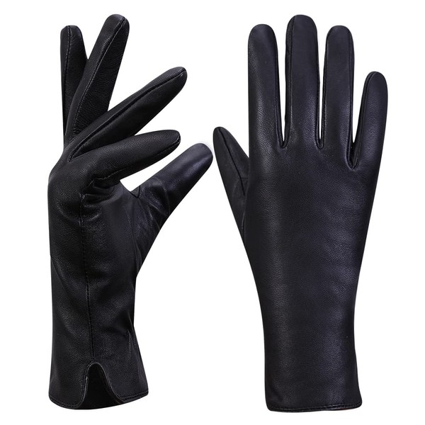 Women's Winter Leather Gloves Nappa Lambskin Gloves Warm Cashmere Lined,Black,XXL