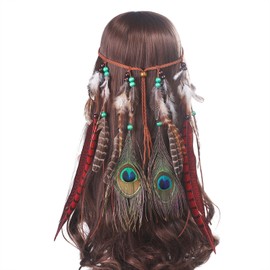 AWAYTR Feather Headband Festival Headwear - Bohomia Feather Headdress Hippie Peacock Feather Hairband with Long Pheasant Feather Headdress For Woman Girls (Dark red #1)