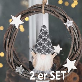KAMACA Set of 2 Willow Wreaths with Gnome Sitting Christmas Figures Wooden Funny Decoration Christmas Decoration for Hanging (Set of 2 Hangers with Gnome 15 x 15 cm)