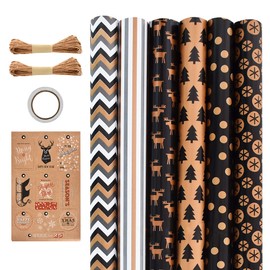 BEISHIDA 6 Styles Wrapping Paper Set-Straw Ropes&Stickers&Double-Sided Tape& Bow-Gift Wrap Paper for Christmas, Birthdays, Party, DIY Decorations12 Sheets Folded 20x28 Inches
