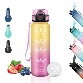 Grsta Water Bottle 0.5 Litres, Children's Drinking Bottle with Time Marking, Leak-Proof, Can Be Carried, Girls' Drinking Bottle for School, Travel, Camping, Office, Yellow/Pink