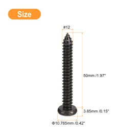 uxcell #12 x 2 Phillips Pan Head Self-Tapping Screw, 50pcs - 304 Stainless Steel Round Head Wood Screw Full Thread (Black)