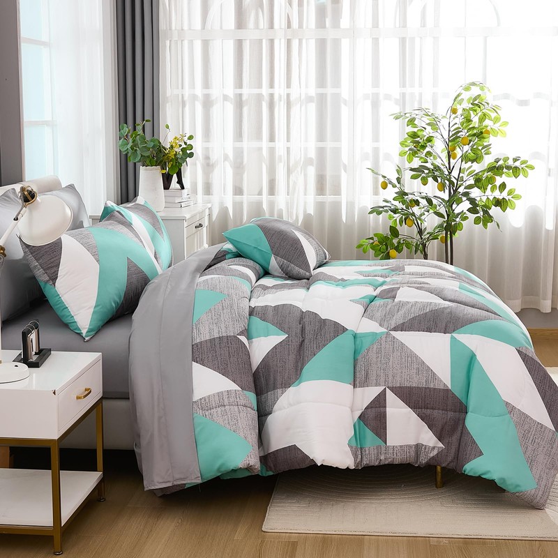 Bedbay Teal Grey Queen Comforter Set with Sheets 8 Pcs
