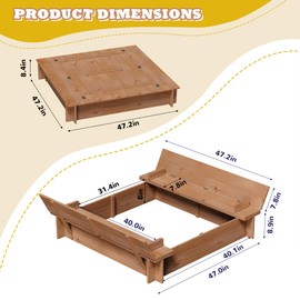 Wood Sandbox with 2 Foldable Bench Seats, Kids' Outdoor Cedar Sandbox Large with Cover, Backyard Outdoor Kid Sand Pit with Lid, Bottom Liner Included