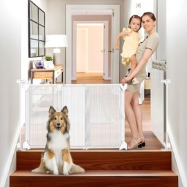 No Drilling Adjustable Baby Gates for Doorways Without Screw Sliding 28 Inch Tall Step Over No Drill Mesh Baby Gate 32"-55" Wide Expandable Pet Gate Indoor Puppy Gate for The House Dog Fence (White)
