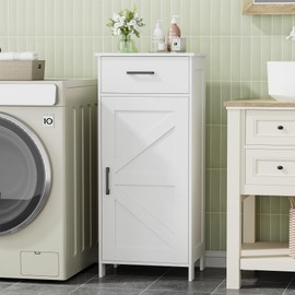 Homhedy 35.4" H Bathroom Cabinet with Drawer, Bathroom Organizers and Storage, Adjustable Shelves, Floor Cabinet for Living Room, Entryway, Kitchen, White, (15.7" W)