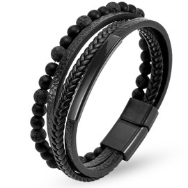 JUZICHEN Lederarmband Herren, Herrenarmband Armbänder 19cm/21cm/23cm, Braun Blau Schwarz Armband Für Männer, Armband Leder Herren Schmuck Geschenke Vatertagsgeschenk Für Papa (Schwarz, 21cm)