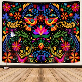 GOAOK Mexico Floral Tapestry, Colorful Mexico Flowers Bird Traditional Aesthetic Hippie Tapestries, Mexican Ornate Ethnic Pastel Plant Tapestry Wall Hanging for Bedroom Living Room 60"x40"