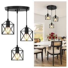 Phaosio 3-Light Pendant Lighting, Farmhouse Hanging Light Fixture for Kitchen Island & Dining Room, Industrial Vintage Ceiling Lamp with E26 Base, Adjustable Height, Matte Black